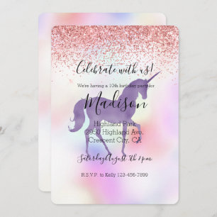 Invitation Violet Unicorne arc-en-ciel rose Parties scintilla