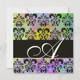 Invitation VIOLET VERT JAUNE NOIR DAMAS MONOGRAMME, blanc