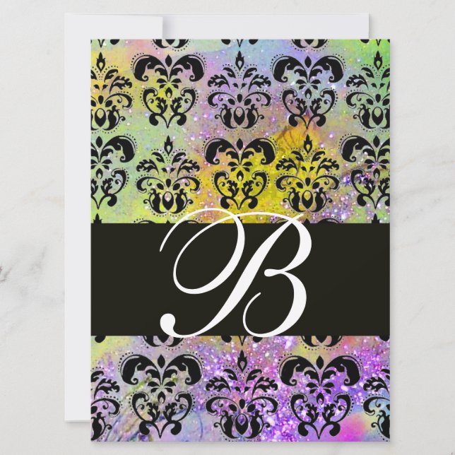 Invitation VIOLET VERT JAUNE NOIR DAMASK MONOGRAM, blanc (Devant)