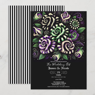Invitation Violet Vert Noir Rayure Floral Mariage Halloween