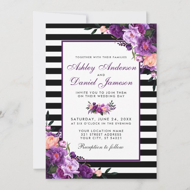Invitation Violet violet Floral Black Stripes Mariage (Devant)