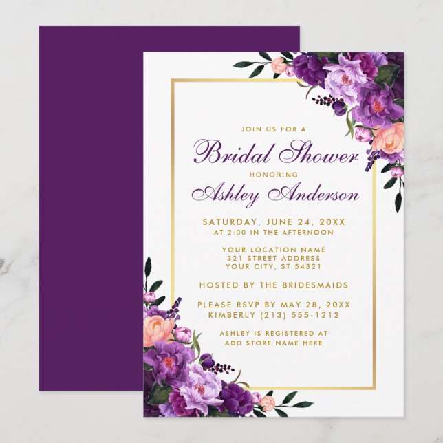 Invitation Violet violet Floral Fête des mariées or Invitatio (Devant / Derrière)
