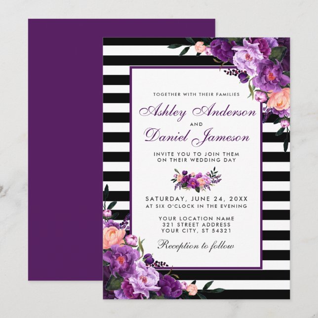 Invitation Violet violet Floral Mariage noir rayures PB (Devant / Derrière)