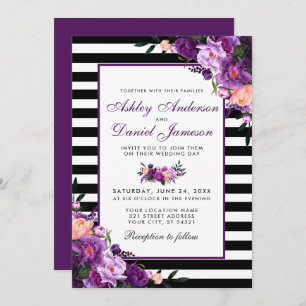 Invitation Violet violet Floral Mariage noir rayures PB