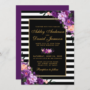 Invitation Violet violet Floral or noir rayures Mariage BP