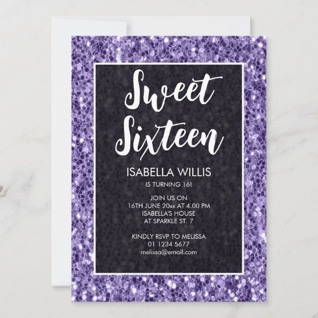 Invitation Violet violet pétillant doux 16 élégant script (Devant)