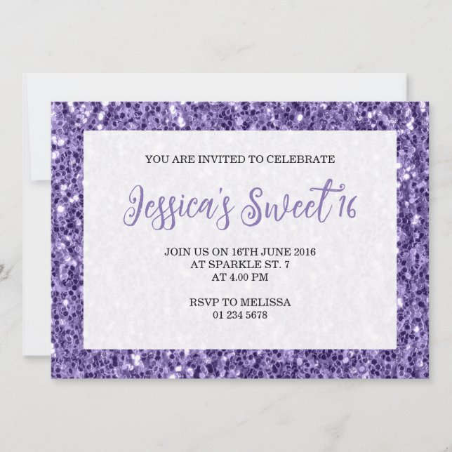 Invitation Violet violet pétillant doux 16 élégant script (Devant)