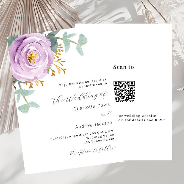 Invitation Violet violet vert fleuri code QR RSVP mariage (Créateur téléchargé)