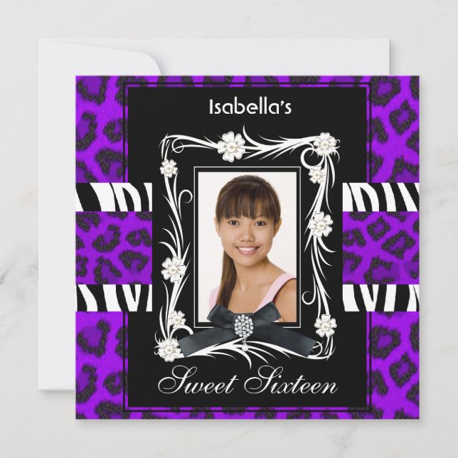Invitation Violet Zèbre léopard Sweet sixteen 16 noir blanc (Devant)