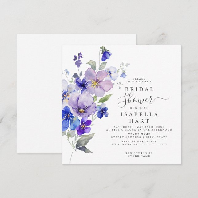 Invitation Violets Botanique Floral Purple Fête des mariées B (Devant / Derrière)