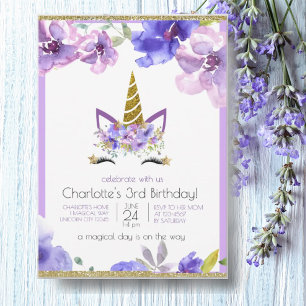 Invitation Violets frais   Unicorn Fille violette fête d'anni
