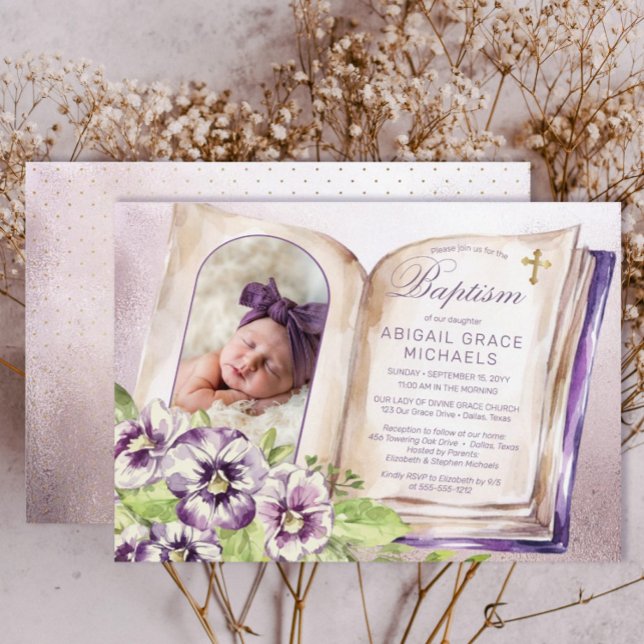 Invitation Violets Violets Violets Archés Photo Baptême uniqu (Purple Violets Arched Photo Unique Baptism Invitation)