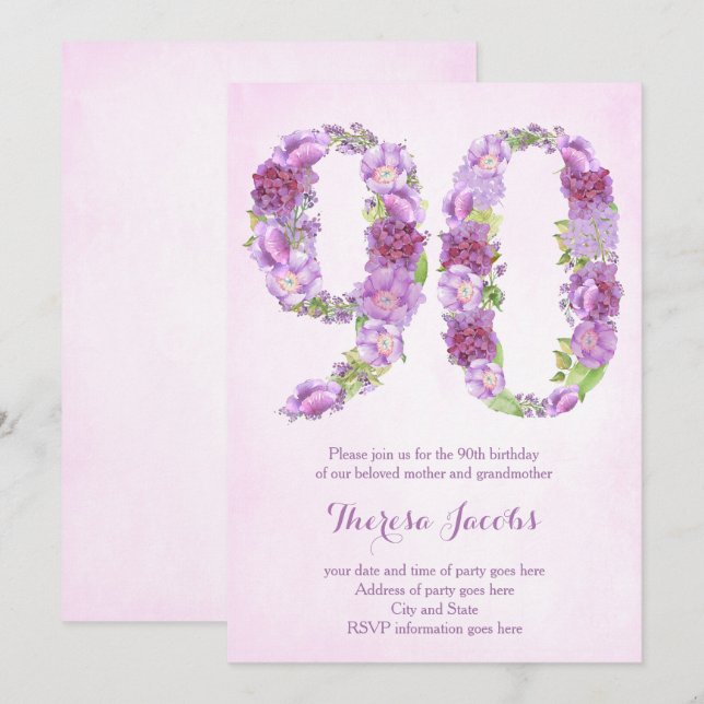 invitation violette 90e anniversaire, cartes de fê (Devant / Derrière)