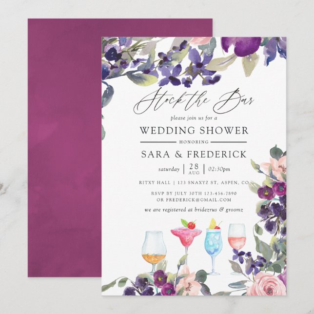 Invitation Violette et Plum Floral Couples Stock le Bar (Devant / Derrière)