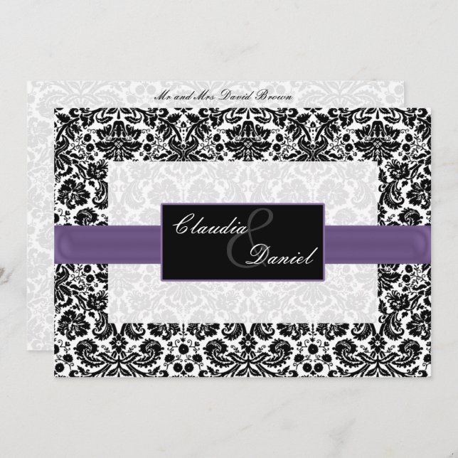 invitation violette mariage damassé (Devant / Derrière)