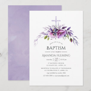 Invitation Violette Poussiéreuse Poppy Floral Baptême