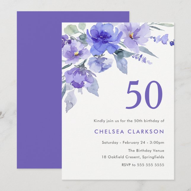 Invitation Violette violette & Lavande 50e fête d'anniversair (Devant / Derrière)