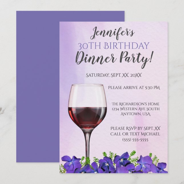 Invitation Violettes et Verre à Vin 30e anniversaire Dîner fê (Devant / Derrière)