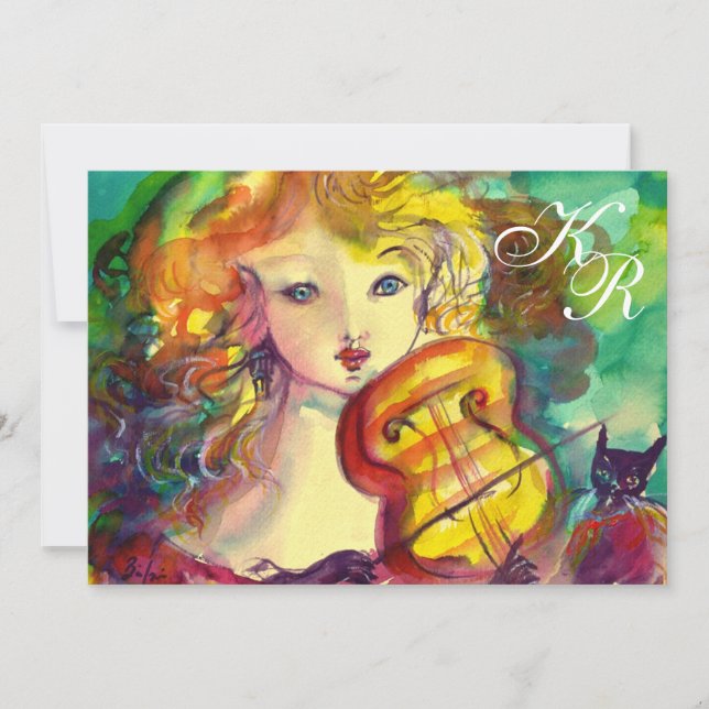Invitation VIOLINISTE FILLE, VIOLIN ET CAT Sweet! 6 Monogramm (Devant)