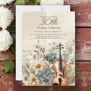 Invitation Violon Ancien Fleurs Bleu Poussiéreux 30e Annivers