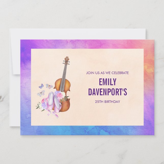 Invitation Violon, chaussures de ballet et papillons Annivers (Devant)