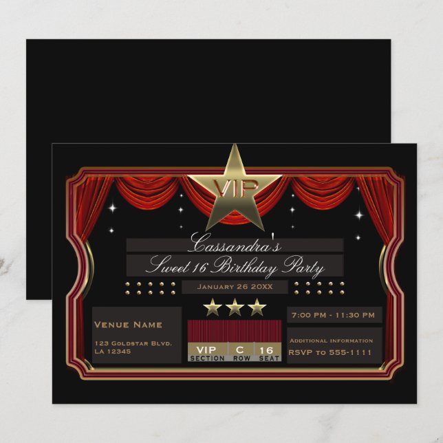 Invitation VIP Gold Star Red & Black Élégante fête d'annivers (Devant / Derrière)