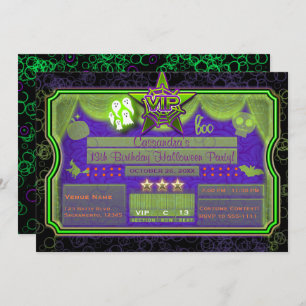 Invitation VIP Halloween vert et violet lueur fête d'annivers