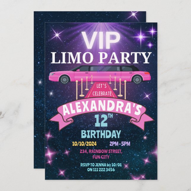 Invitation VIP Limo Fête Anniversaire Fille (Devant / Derrière)