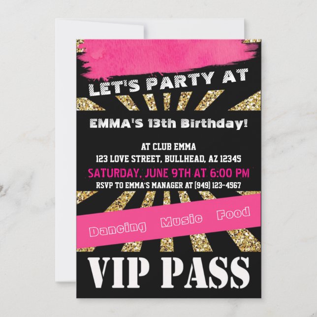 Invitation VIP PASS Girls Dance Party Sleepover Adolescent Gi (Devant)