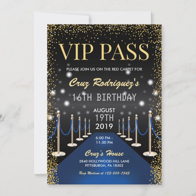 Invitation VIP Pass Hollywood Blue Red Carpet Anniversaire (Devant)