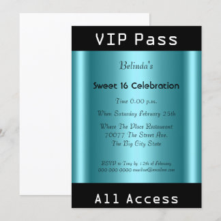 Invitation VIP pass Sweet 16 fête d'anniversaire Noir Turquoi