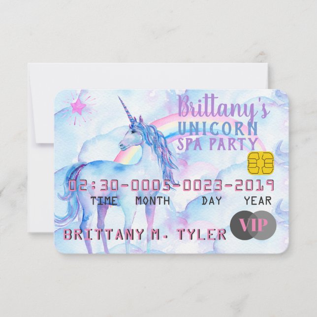 Invitation VIP Rainbow Unicorn Spa fête d'anniversaire (Devant)