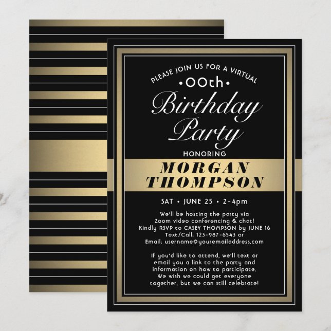 Invitation Virtual Any Anniversaire Black Gold et White Party (Devant / Derrière)