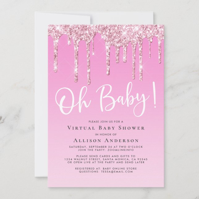Invitation Virtual Baby Girl Douche Parties scintillant Drip  (Devant)