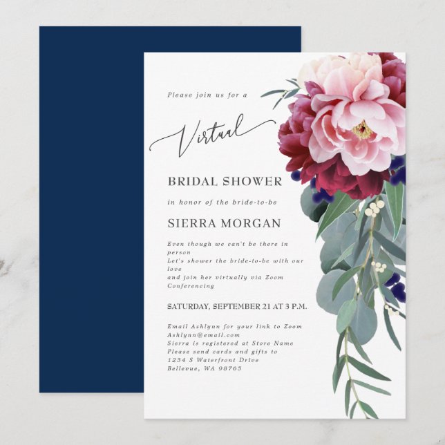 Invitation Virtual Blush Burgundy Navy Blue Fête des mariées (Devant / Derrière)