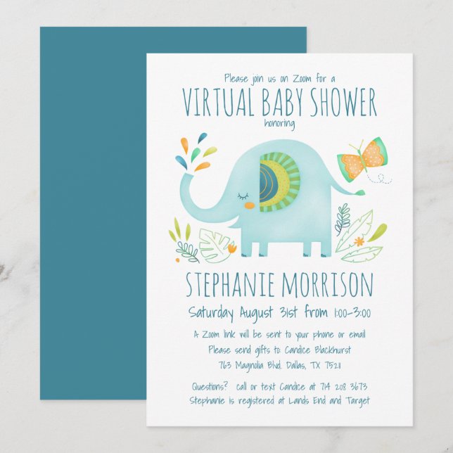Invitation Virtual Elephant Blue Boy mignon Baby shower Jungl (Devant / Derrière)