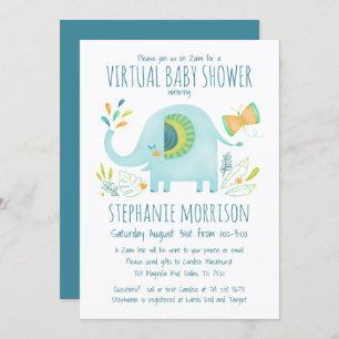 Invitation Virtual Elephant Blue Boy mignon Baby shower Jungl