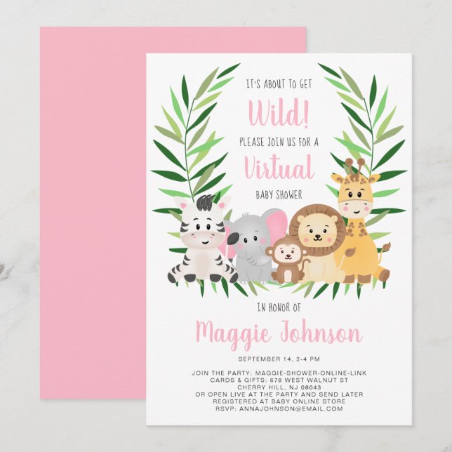 Invitation Virtual Get Wild Safari rose bébé fille douche (Devant / Derrière)