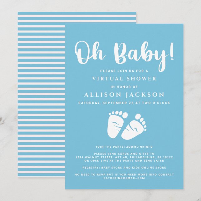 Invitation Virtual Oh Baby Boy Douche bébé Pieds Bleu Blanc (Devant / Derrière)