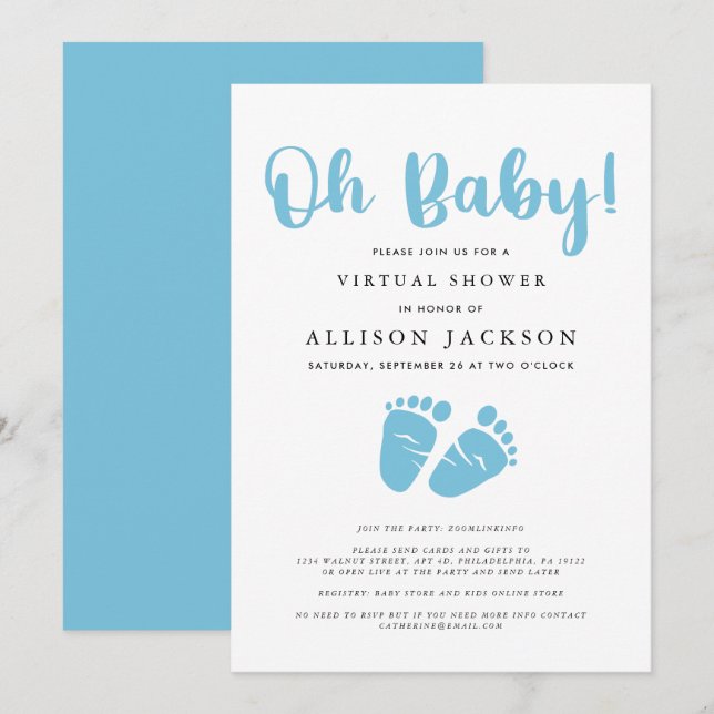 Invitation Virtual Oh Baby Boy Douche | Blue Baby Feet Simple (Devant / Derrière)