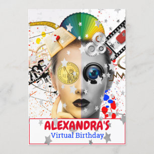 Invitation Virtual Online Party Vidéo Stars d'argent Annivers