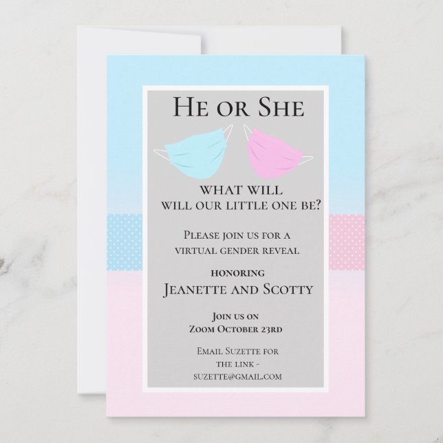 Invitation Virtual Pink Blue Genre Reveal 2020 facemmasques (Devant)