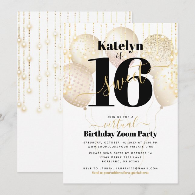 Invitation Virtual Sweet 16 Balloons or Glam fille anniversai (Devant / Derrière)