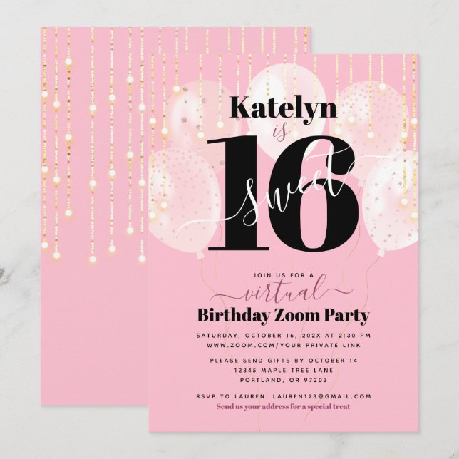 Invitation Virtual Sweet 16 Balloons rose Fille Anniversaire (Devant / Derrière)