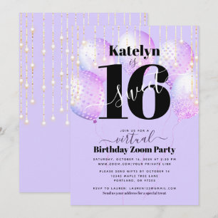 Invitation Virtual Sweet 16 Balloons violets pour fille d'ann