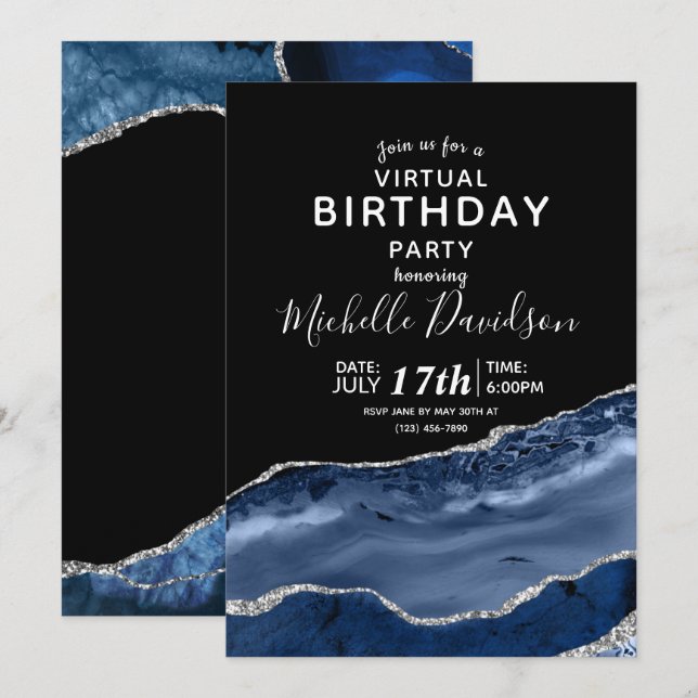 Invitation virtuelle d'anniversaire Bleu Nuit & Ar (Devant / Derrière)