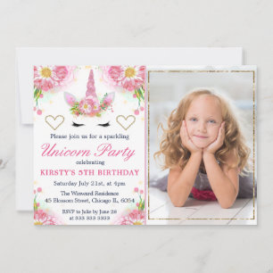 Invitation Visage de Licorne & Fleurs à l'aquarelle Photo Ann