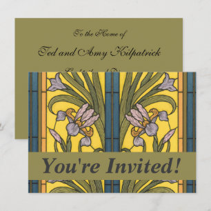 Invitation Vitrail Art Nouveau Fleur d'Iris Bleu Or