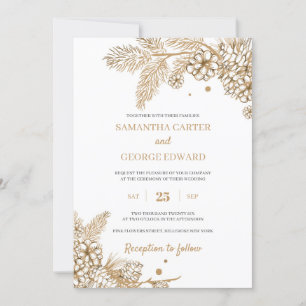 Invitation Vitre d'hiver or et cônes mariage moderne chic