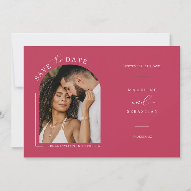 Invitation Viva Magenta Boho Arch Photo QR Code Enregistrer l (Devant)